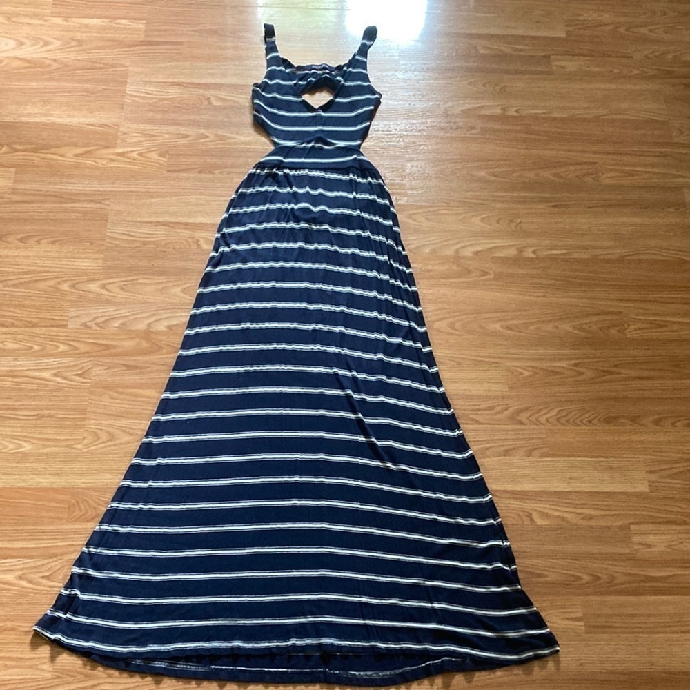 Blue and white striped maxi dress